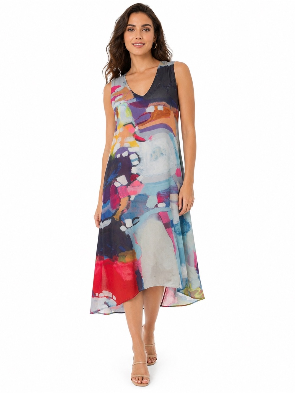 Claire Desjardins Sleeveless High-Low Dress Sz Small Abstract Art Print V Neck